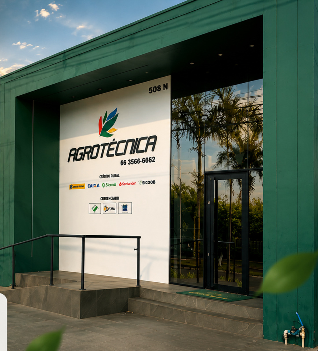 Fachada de uma unidade da Agrotécnica Crédito Rural ao amanhecer, com lavoura ao fundo